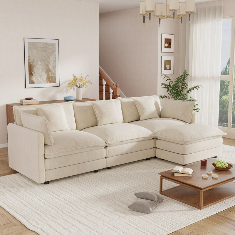 Living Room Set, L Shape Sofa, Chenille Sofa, 3 Seater, For Living Room, Beige Chenille