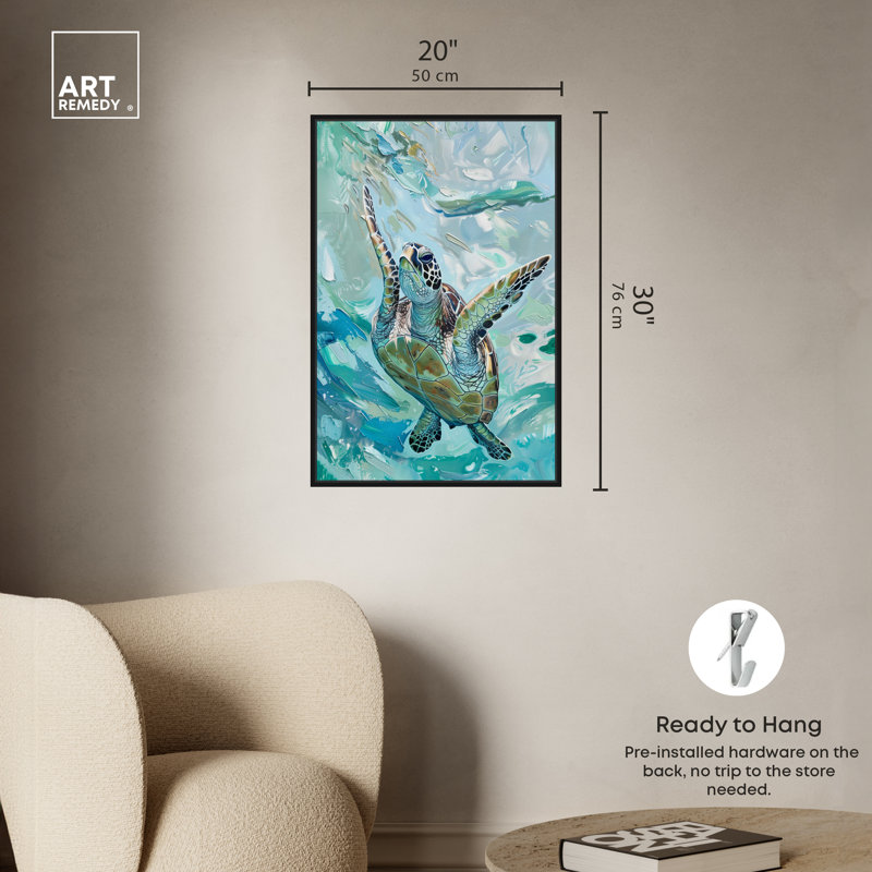 Serene Turtle Coastal Canvas Print with Black Wood Frame