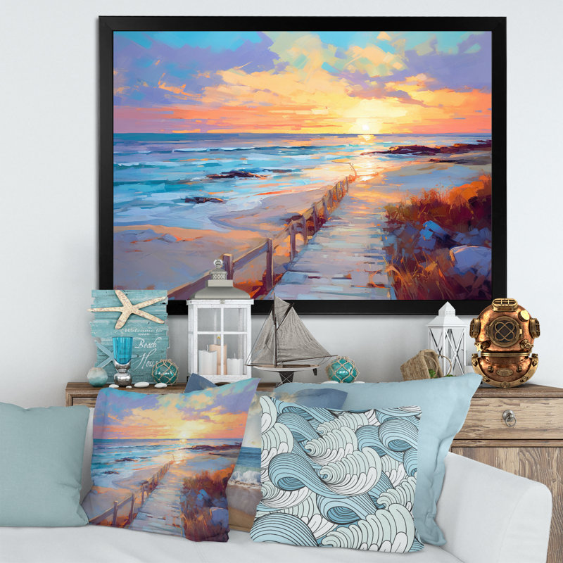 Pathway To Pink Pastel Beach Sunset - Beach Canvas Print, Cadre simple noir, H 24 po x l 32 po x P 1 po