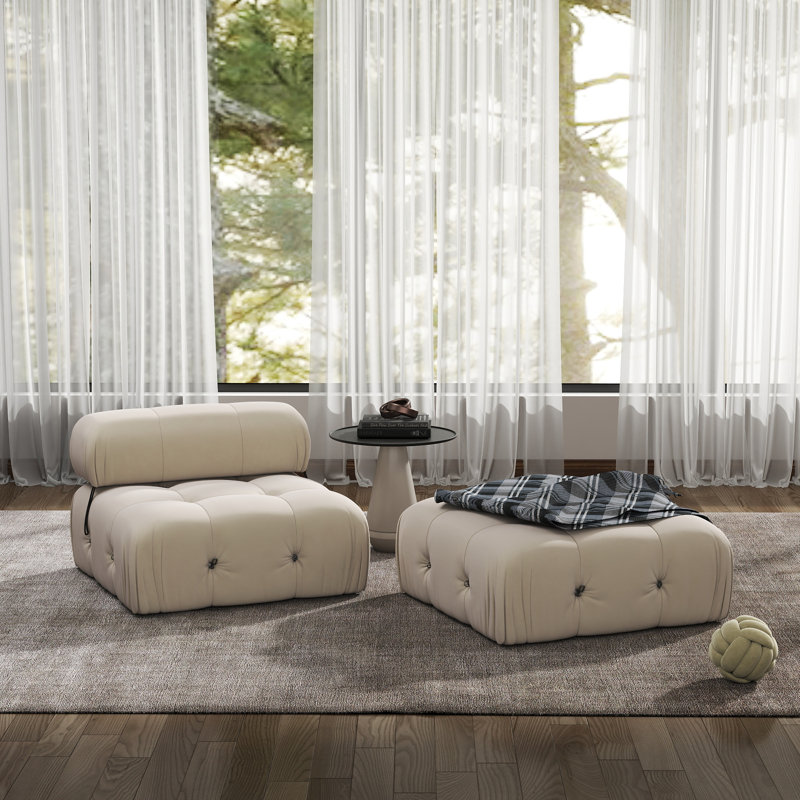 Canapé modulaire en velours sans accoudoirs avec repose-pieds 2 pièces Cylar, Beige
