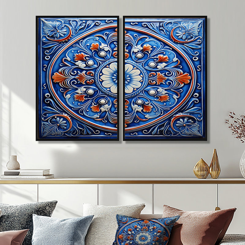 Motif floral mosaïque bleue et orange 4, H 36 po x l 48 po, Impression encadrée flottante, Noir
