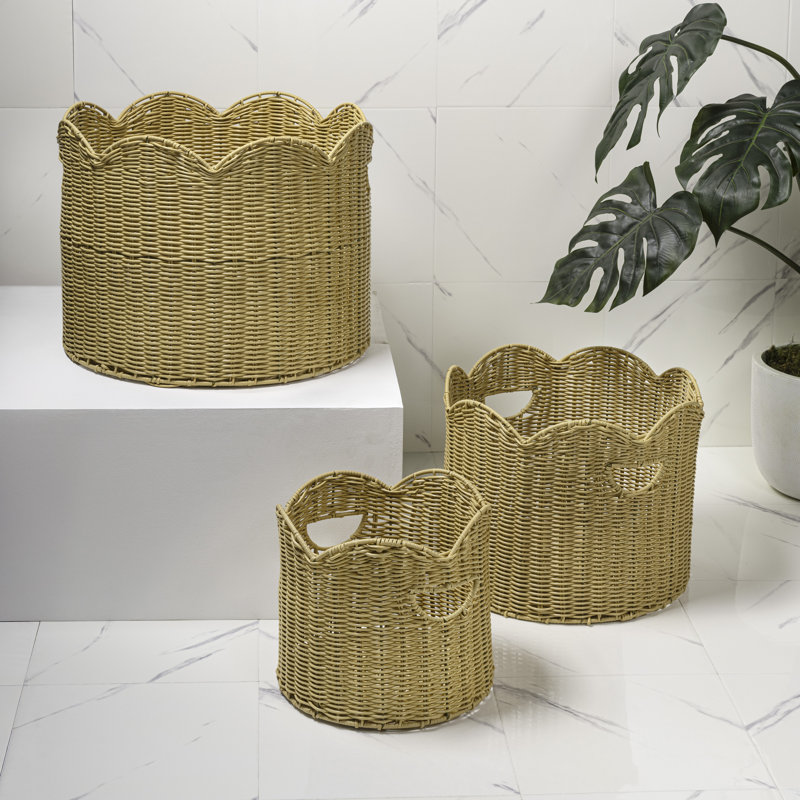 Maris Contemporary Cottage Resin/Metal Scalloped Edge Nesting Storage Baskets with Handles (Set of 3), Natural