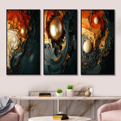 Red And Black Liquid Ink Abstraction I - Abstract Liquid Ink Wall Decor Set Of 3
