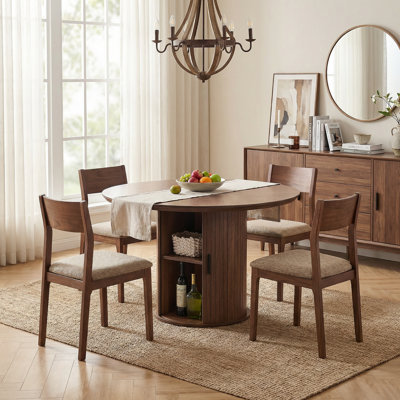 Round Wood Dining Table with Two-Tier Storage Shelves and Cabinet, Large Space-Saving Design for Living Room or Kitchen