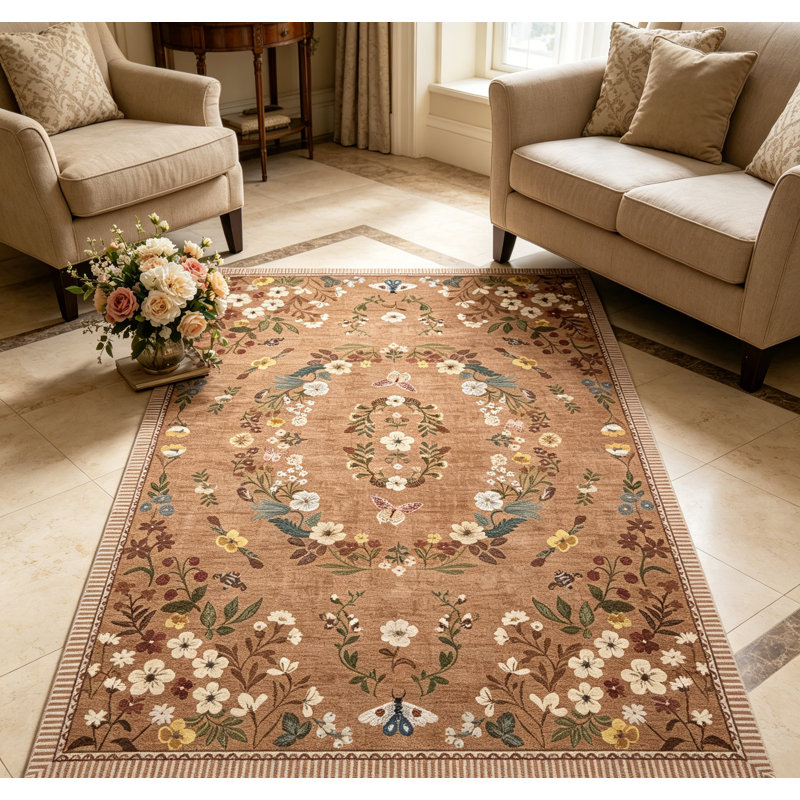 Modern Floral Machine Washable Area Rug Washable Area Rug, Low-Profile Non-Slip Backing Durable Edge Binding, Vintage Large Rugs for Living Room, Bedroom, Dining Room Brown 2*6
