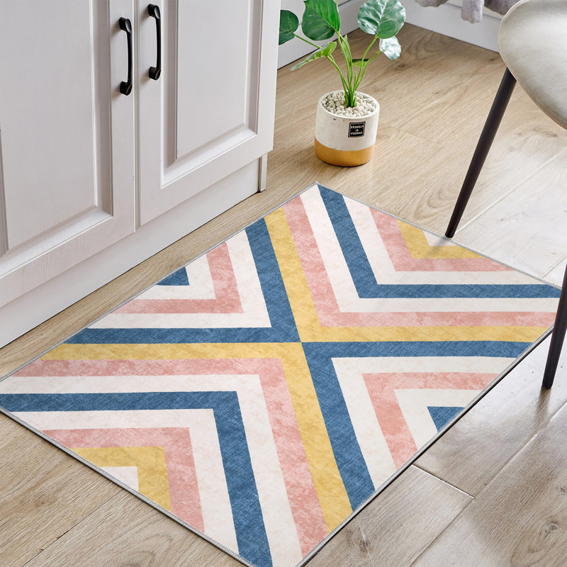 Sommer Chevron Machine Washable Rug with Rubber Backing for Living Room Geometric Non-Slip Dining Room Rug for Bedroom Floor Carpet for Office Nursery Playroom