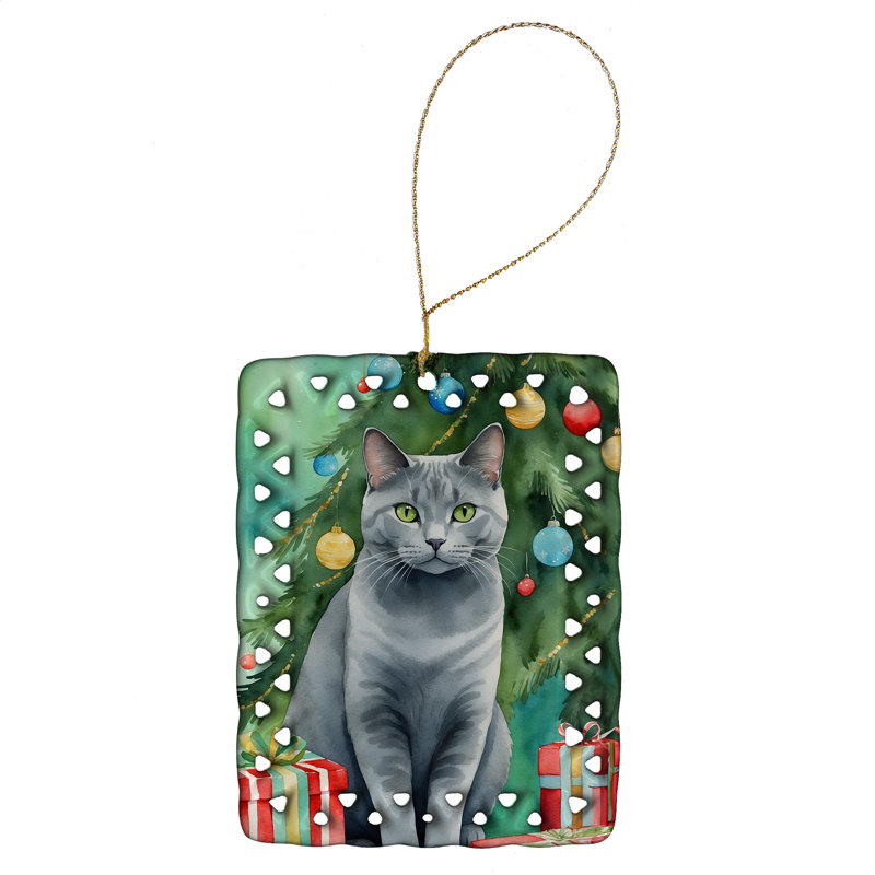 Ornement en porcelaine Chartreux Cat by the Christmas Tree, Chartreux