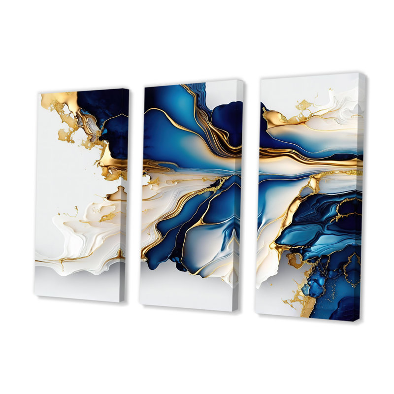 DesignArt Abstract Geode Gold And Blue Marble Shape III On Canvas 3 ...