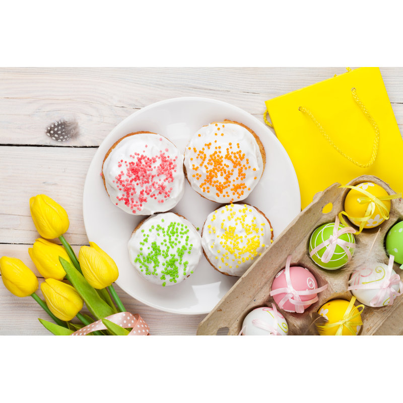 Easter With Yellow Tulips, Colorful Eggs And Traditional Cakes - Wrapped Canvas Print, 51cm H x 76cm W x 3.8cm D