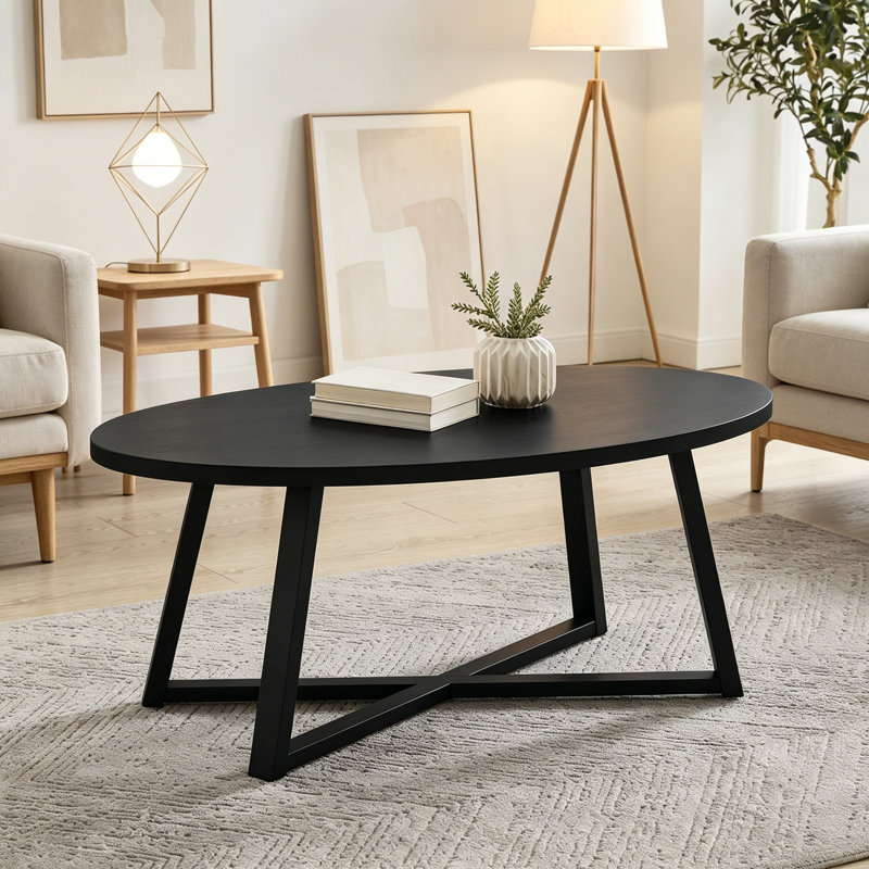 Table basse ovale en bois avec pieds croisés, Black