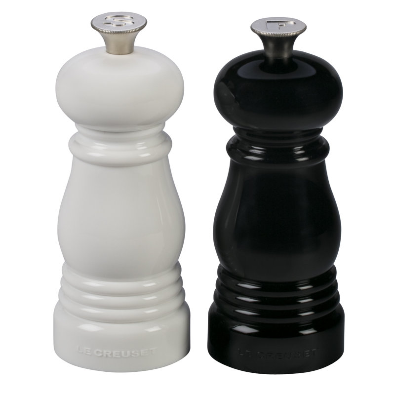 Le Creuset Set of 2 Salt and Pepper Mills, Black/White, 4.3" H x 2.9" W x 2.9" D