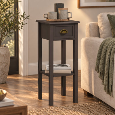 Slim Brown Accent Table 29.35" Tall, Featuring Drawer and Lower Shelf for Compact Spaces