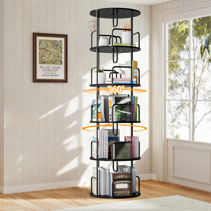 Bibliothèque rotative à 5 niveaux avec plateau tournant à 360 °, rangement fonctionnel pour étude, étagère à livres ronde à rotation verticale de couleur noire, rangement pour la maison Spinning, + fer