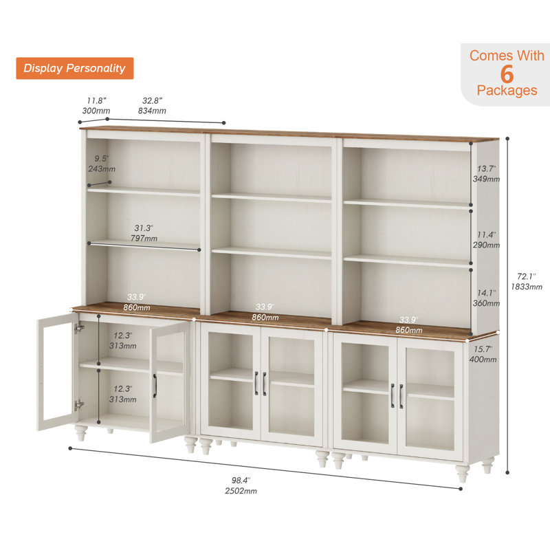 Scarlett 72.1"H X 101.6"W Bookcase With Doors Set Of 3, 5 Tier Bookshelf, Tall Book Case Shelf With Glass Storage Cabinets, Large Wood Bookcases Farmhouse Bookshelves For Living Room Bedroom Home Office Kitchen