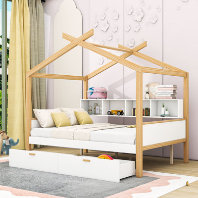 Wooden House Bed With Two Drawers And Bookshelf