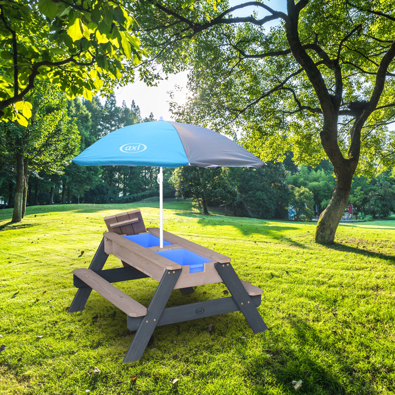 Kids 2 Piece Solid Wood Rectangular Outdoor Table Or Chair and Chair Set, Brown/Charcoal