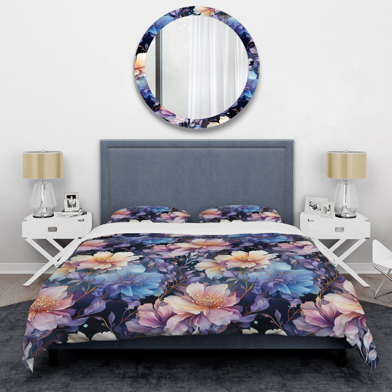 Ensemble de housse de couette à motif floral bleu et mauve Mystical Aura, Housse de couette pour très grand lit et 2 très