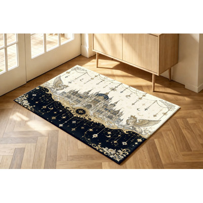 Tapis en velours antidérapant, impression de grande scène céleste orné de château médiéval rétro, tapis décoratif, décoration intérieure pour salon, chambre à coucher, appartement