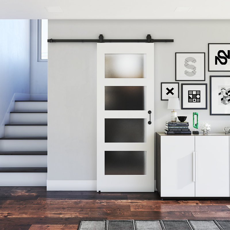 White Primed Pine Wood Frosted Glass Barn Door Slab