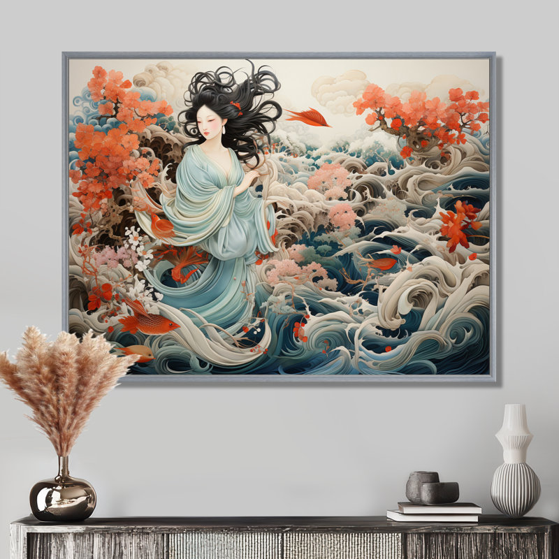 «China Art Silk Emb broderie», reproduction d'art sur toile encadrée, 24" H x 32" W, Silver Picture Framed