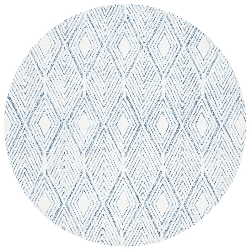 Tapis géométrique abstrait en laine / coton touffeté à la main gris / ivoire, Rond 6 pi
