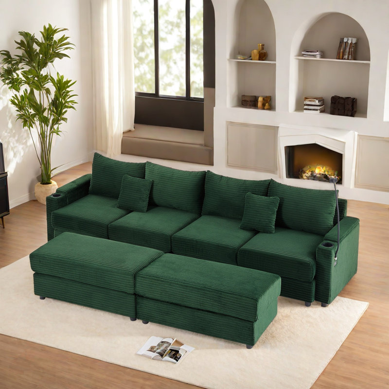 Canapé modulaire multifonctionnel avec repose-pieds, Velours côtelé vert, H 33,7 po x l 123,2 po x P 35,4 po