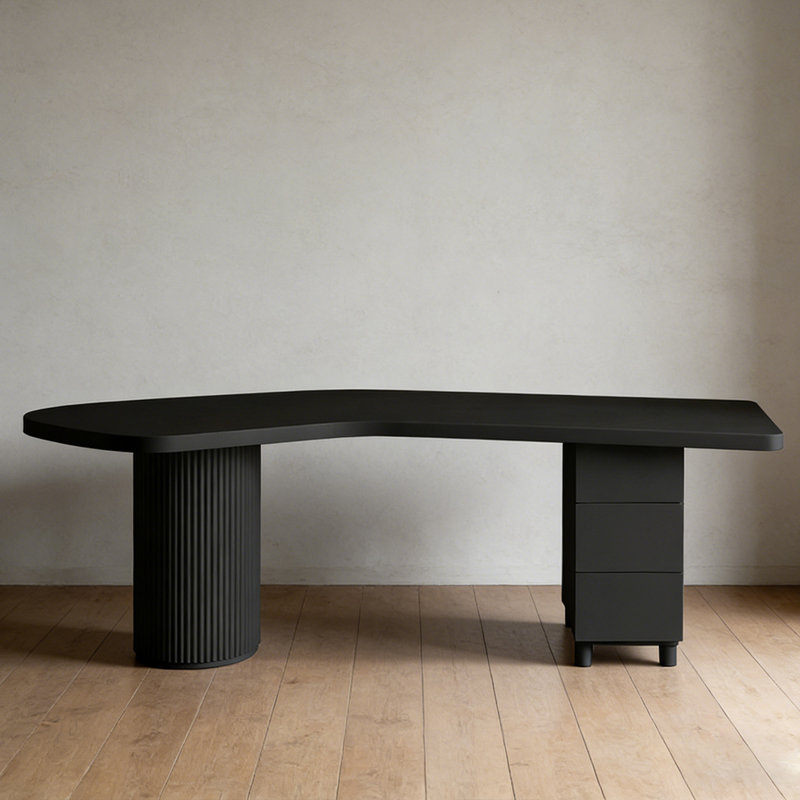 Bureau courbé en bois massif noir avec 3 tiroirs, H 29,53 po x l 94,49 po x P 43,31 po, Noir