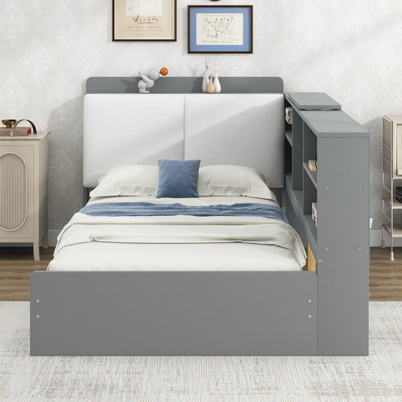 Lit plateforme en bois avec tête de lit avec rangement, tablettes et 2 tiroirs