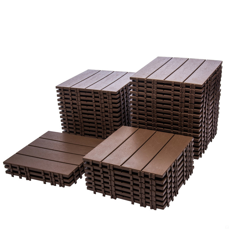 Paquet de 76 tuiles de terrasse à emboîtement 11,42 po x 11,42 po - Revêtement de sol en plastique grain de bois 3D de 68,80 pieds carrés