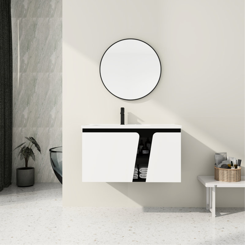 Meuble-lavabo flottant 36 po avec lavabo en céramique. Porte à fermeture en douceur avantageuse. Décoration moderne. Contreplaqué. Porte de lavabo blanche et noire avec choix de coiffeuse. Appareil. Rangement pratique. Contreplaqué