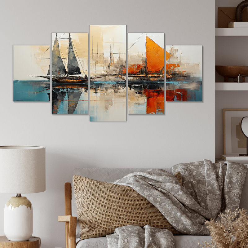 «Moonlight Saiboat Collage Horizon II - Bateau à voile, art mural multi-panneaux pour le salon