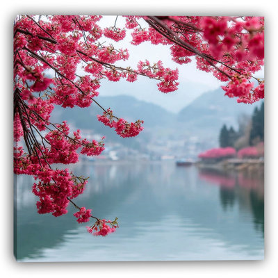 «Petals in the Wind - Cherry Blossom Lake Landscape», art mural sur toile