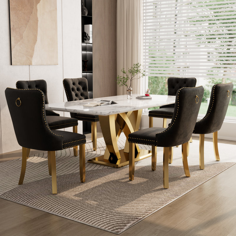 70" Faux Marble Dining Table Set for 6, with 6 Upholstered Chairs, Black, Gold