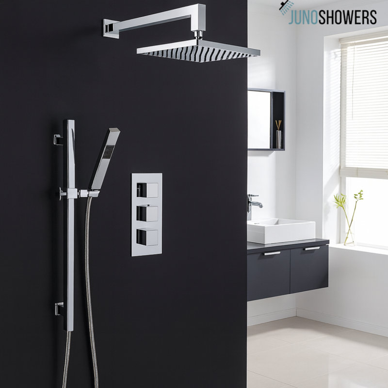 Système de douche thermostatique chromé avec pomme de pluie ultra-mince et douchette à main