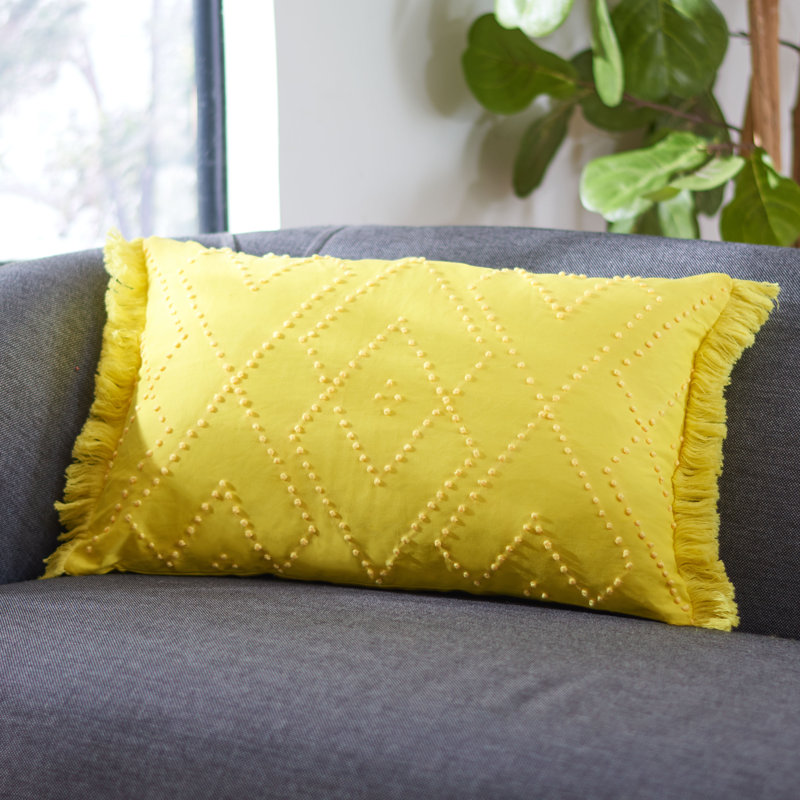 Fringed Cotton Reversible Throw Pillow, Navy