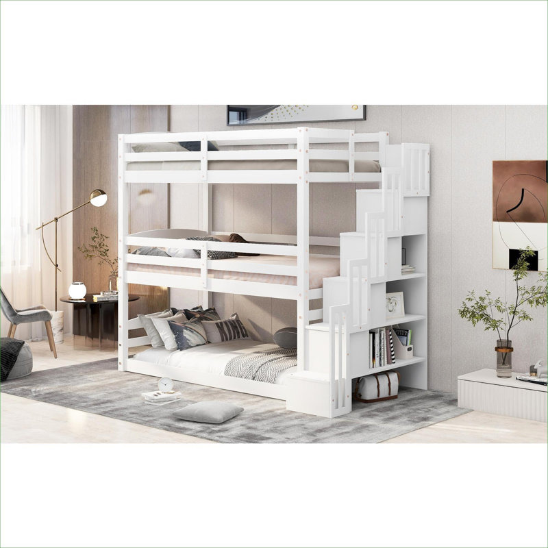 Lit superposé triple en pin massif massif, conception séparée convertible avec escalier de rangement, taille simple, blanc éclatant