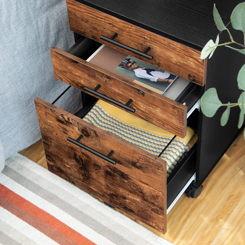 Rustic Brown & Black 3-Drawer File Cabinet - Wooden Under Desk Filing Cabinet (Fits A4/Letter, Small Rolling Storage, Printer Stand For Home Office)