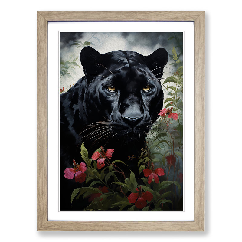 Panther Romanticism - Single Picture Frame Print on Wood, Oak Framed, 34cm H x 25cm W x 2cm D
