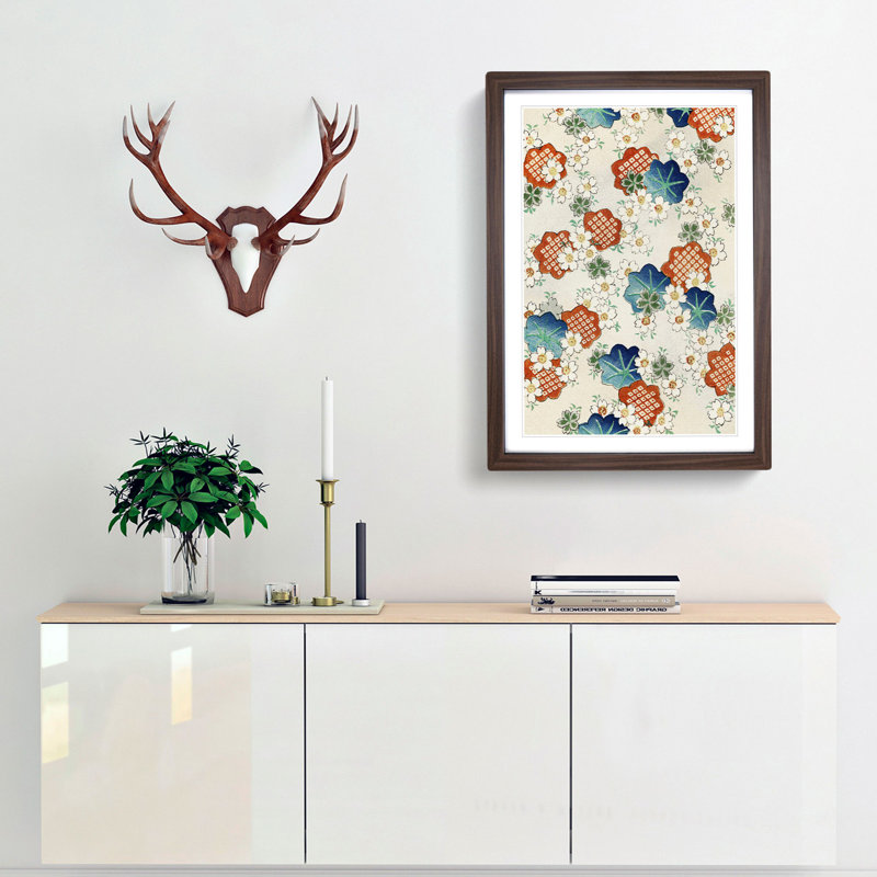 Floral Design by Watanabe Seitei - Picture Frame Painting Print, Walnut Framed, 48cm H x 36cm W x 2cm D