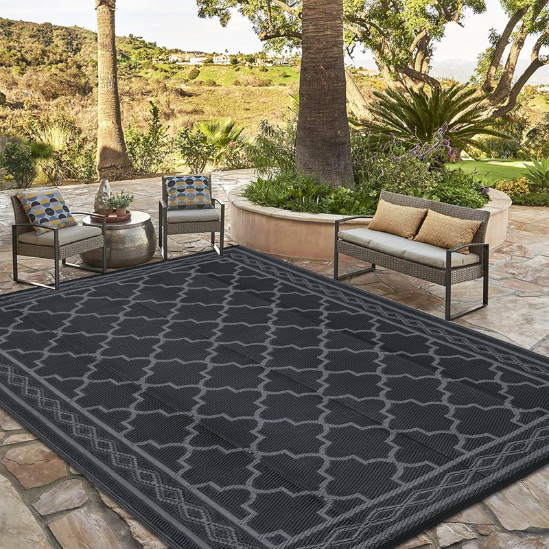 Tapis d'extérieur imperméable à l'eau Patio Tapis de paille en plastique réversible Tapis de camping rétro, Noir