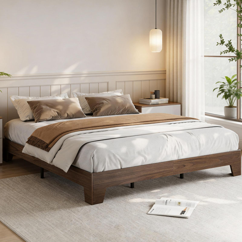 Cadre de lit plateforme en bois de format California King, profil bas, avec lattes en bois silencieuses
