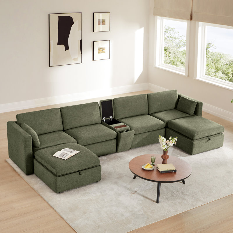 Winfree 6- Piece Upholstered Sectional With Console, Moss Green Polyester