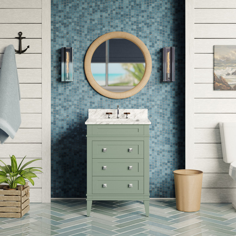 Ensemble de meuble-lavabo simple 24 "avec armoire vert sauge et comptoir en marbre de Carrare Francfort, Marbre de Carrare