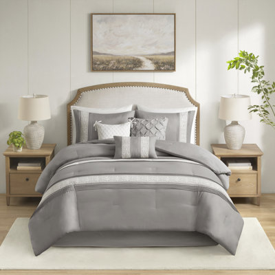 Madison Park Lacey Grey Lace Trim 7-Piece King Comforter Set with Throw Pillows