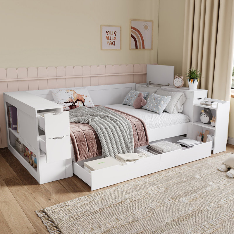 Daybed With Drawers, Shelf & Storage Box, Pull-out Nightstand, White, No Mattress, 135x190 Cm, Solid Mdf & Plywood