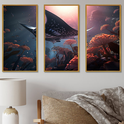 «Manta Rays Drifters Landscape I - Coastal Coral Under Water», ensemble d'art sur toile