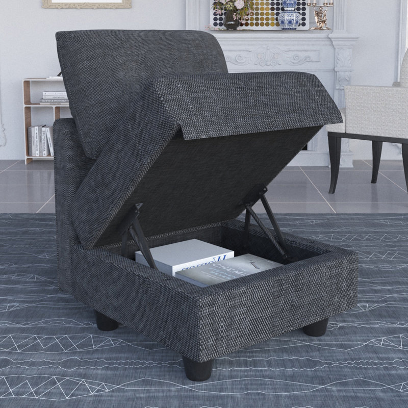Tomario Fabric Storage Ottoman, Black Faux Leather