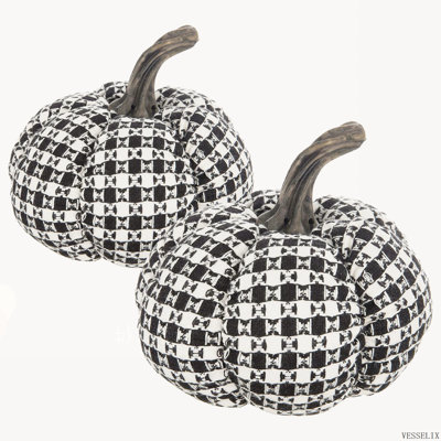 Ensemble de 2 citrouilles décoratives en tissu noir et blanc 7 x 7 x 6,7 po pour Halloween