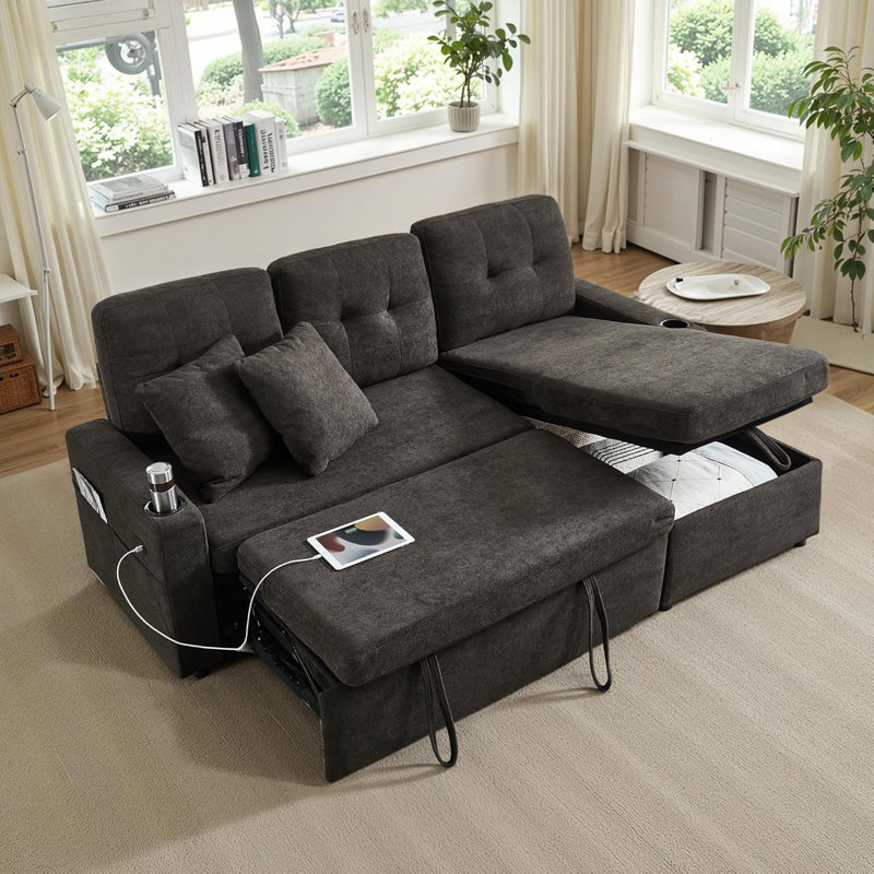 Reversible Sectional Sofa Couch, Sleeper Sofa Bed With Storage Chaise Pull Out Couch For Living Room | USB Charge | Cup Holder | Removable Backrest |Teddy Fabric