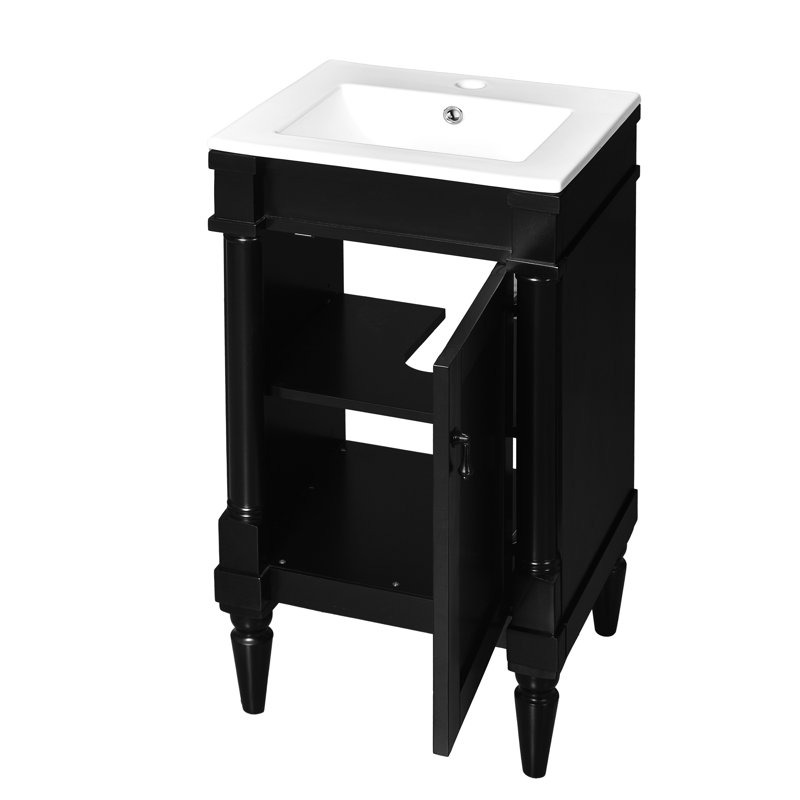 Meuble-lavabo de 18 po - Design rétro noir, construction, rangement organisé, lavabo en céramique avec trou de déversement, idéal pour les petites salles de bain